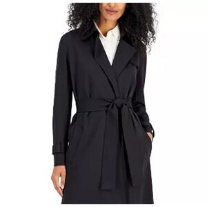 Anne Klein Black Mid Length Trench Coat Scandi Girl Career Going Out Business XL